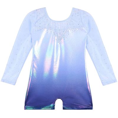 BAOHULU Gymnastics Leotards for Girls Long Sleeve Shiny Sequins Kids Biketards with Shorts Dance Unitards B217_SequinBlue_160