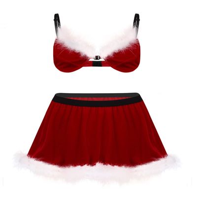 YiZYiF Mens Velvet Sissy Lingerie Set Christmas Bra Tops with Skirt Crossdress Nightwear Pajamas Set Red Meduim