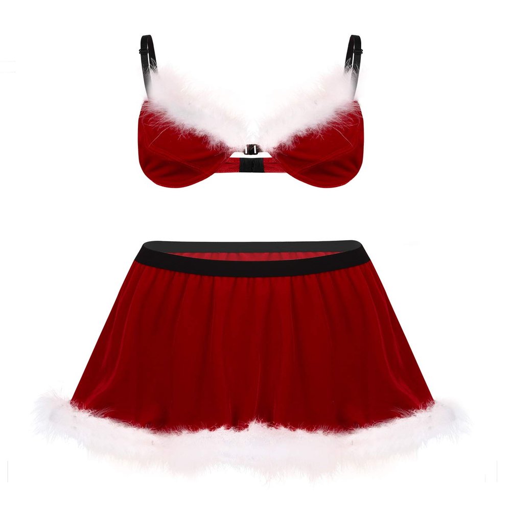 YiZYiF Mens Velvet Sissy Lingerie Set Christmas Bra Tops with Skirt Crossdress Nightwear Pajamas Set Red Meduim