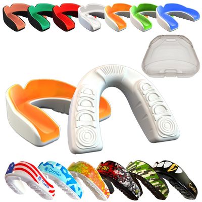 COOLLO SPORTS Boil and Bite Mouth Guard (Youth & Adult) DA Custom Fit Sport Mouthpiece for Football, Hockey, Rugby, Lacrosse, Boxing, MMA (Free Case Included!) (Orange & White, Ages 10 & Below)