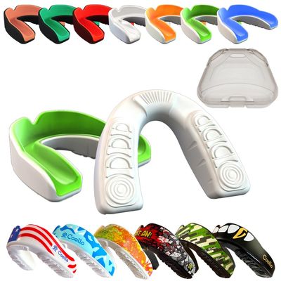 COOLLO SPORTS Boil and Bite Mouth Guard (Youth & Adult) DA Custom Fit Sport Mouthpiece for Football, Hockey, Rugby, Lacrosse, Boxing, MMA (Free Case Included!) (Light Green & White, Ages 10 & Below)