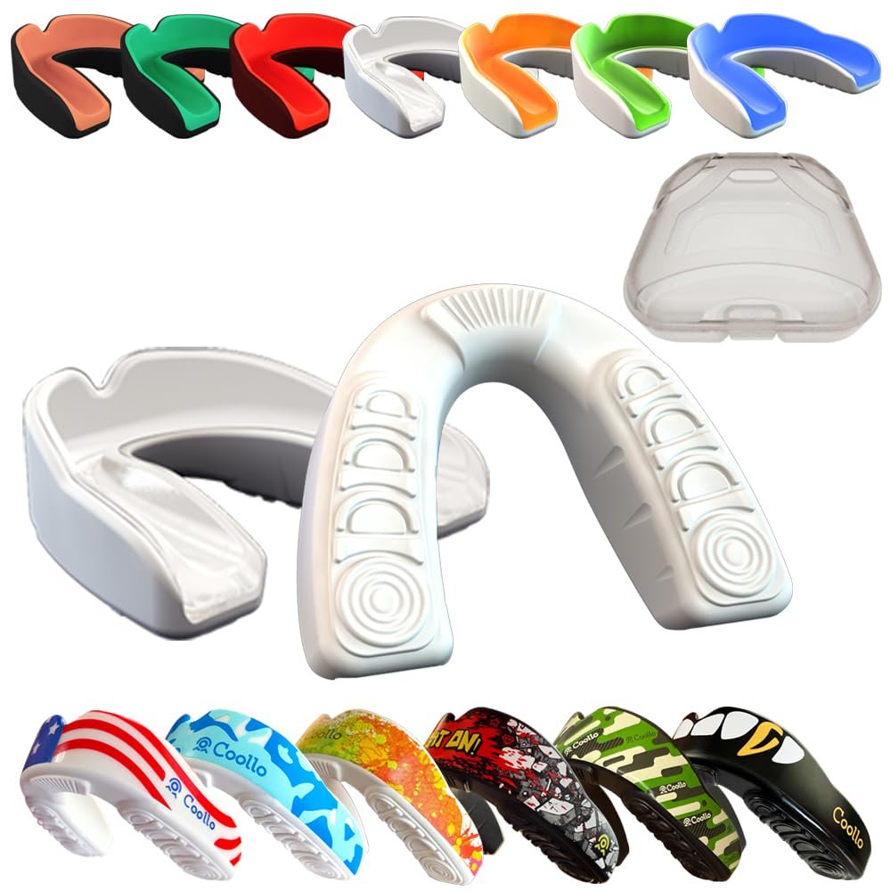 COOLLO SPORTS Boil and Bite Mouth Guard (Youth & Adult) DA Custom Fit Sport Mouthpiece for Football, Hockey, Rugby, Lacrosse, Boxing, MMA (Free Case Included!) (Trans. & White, Ages 10 & Below)