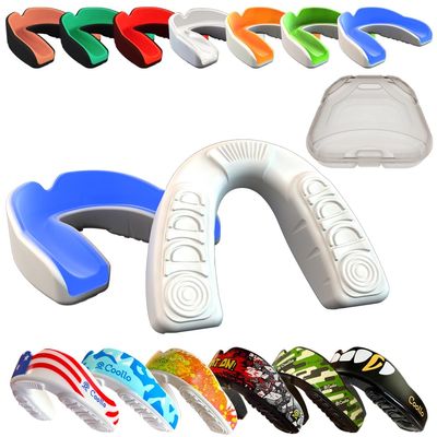 COOLLO SPORTS Boil and Bite Mouth Guard (Youth & Adult) DA Custom Fit Sport Mouthpiece for Football, Hockey, Rugby, Lacrosse, Boxing, MMA (Free Case Included!) (Sky Blue & White, Ages 10 & Below)