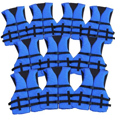 10 Pack Life Jacket Paddle Vest; Coast Guard Approved Type III PFD Life Vest Flotation Device; Jet ski, Wakeboard, Kayak; Ideal Extra Life Jacket for Pontoon Boat Blue Adult