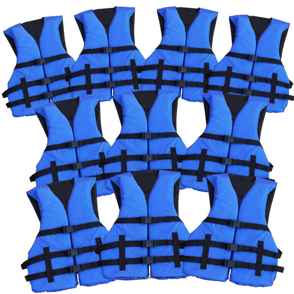 10 Pack Life Jacket Paddle Vest; Coast Guard Approved Type III PFD Life Vest Flotation Device; Jet ski, Wakeboard, Kayak; Ideal Extra Life Jacket for Pontoon Boat Blue Adult