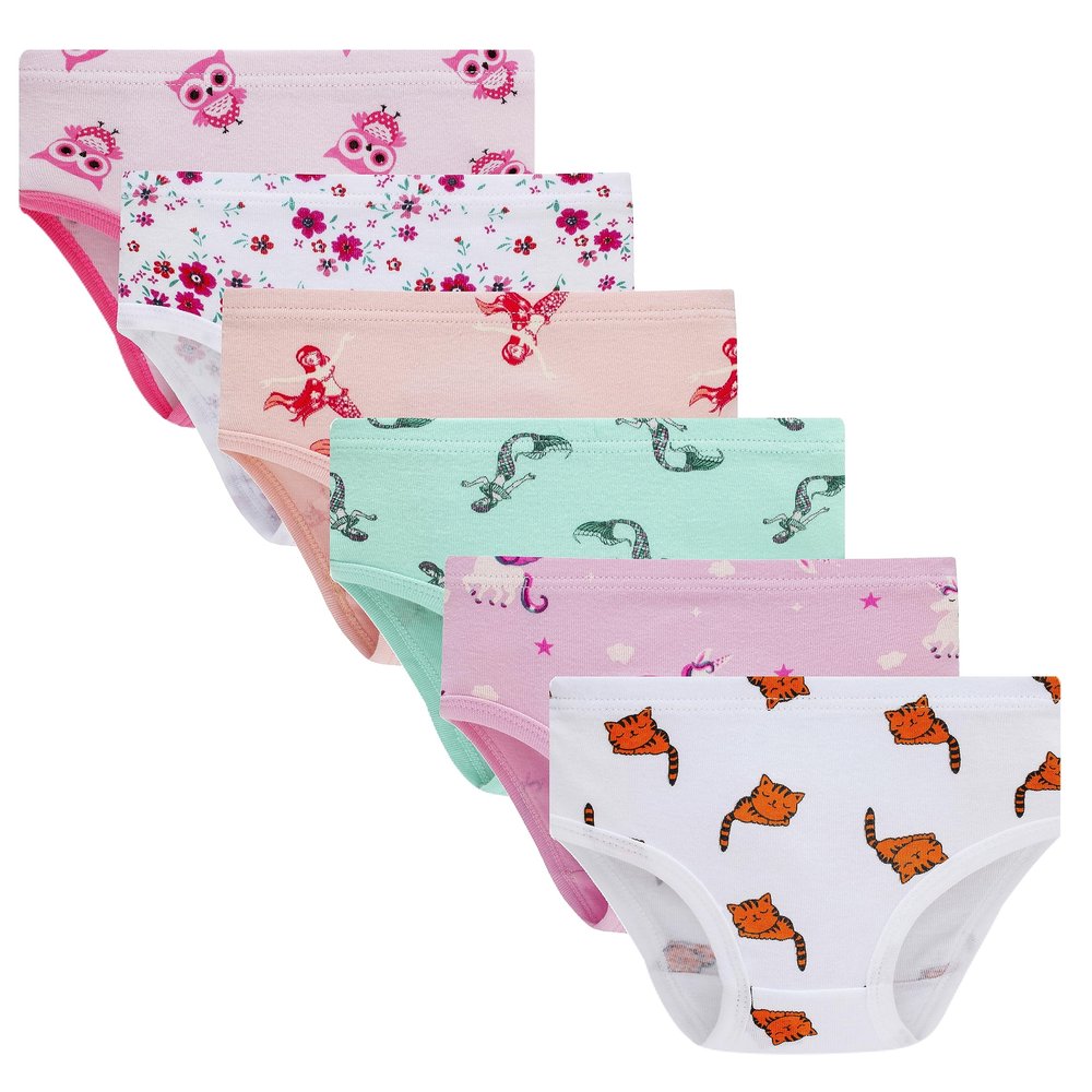 Cadidi Dinos Girls' Cotton Brief Underwear, Assorted Panties (Pack of 6) Blue Black Pink Red White Size 5 6