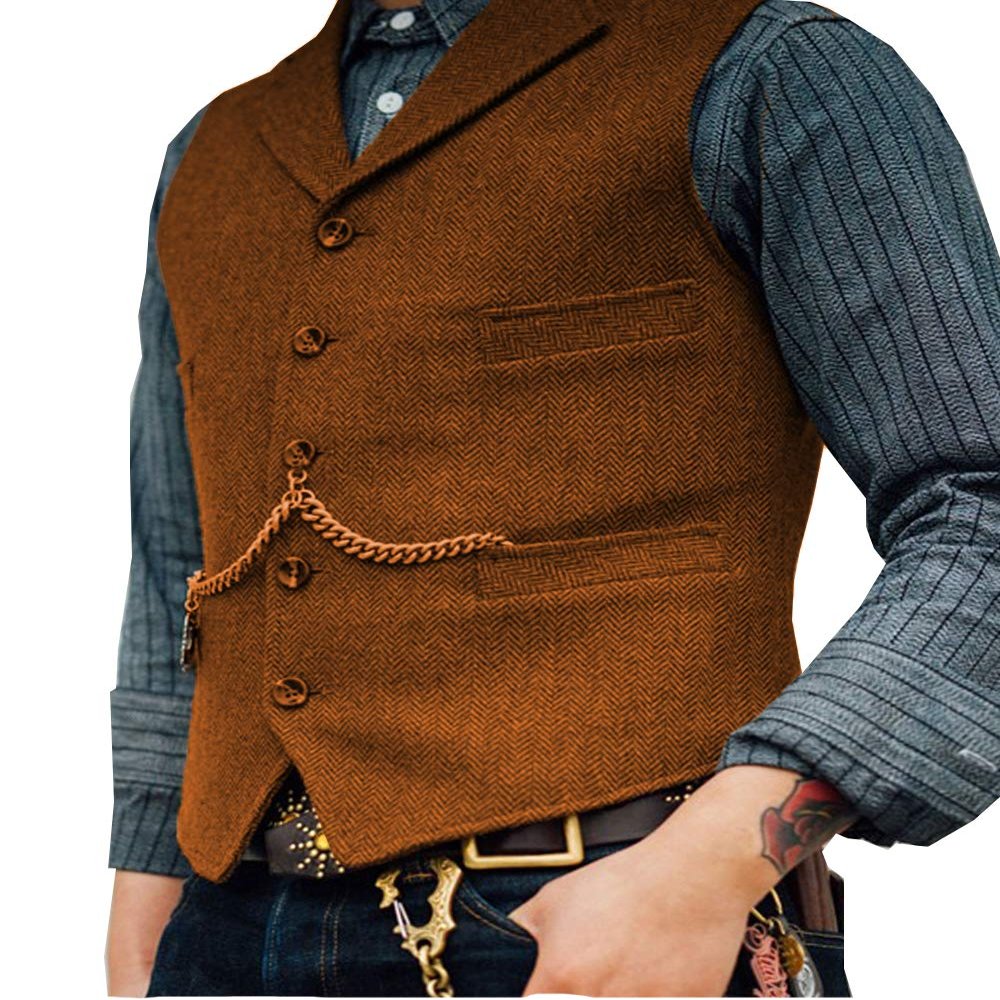 Duereyoo Men's Tweed Vest Vintage V Neck Wool Blend Herringbone for Wedding Groomsmen Suit Vest for Men