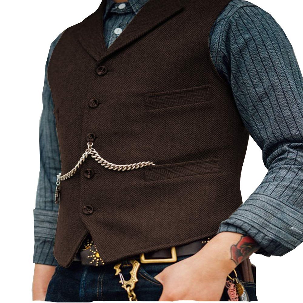 Duereyoo Men's Tweed Vest Vintage V Neck Wool Blend Herringbone for Wedding Groomsmen Suit Vest for Men