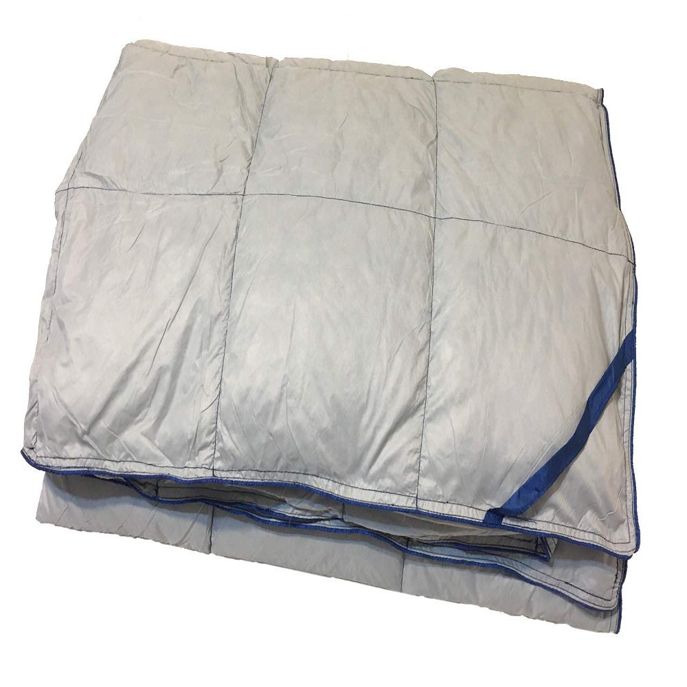 Orion Outpost Trading Company Camping Blanket Maroon Bells Water Resistant Glamping, Travel, Hotel Blanket, 600 Fill Power Duck Down, 54" x 80" (Light Gray - Blue Stitching)