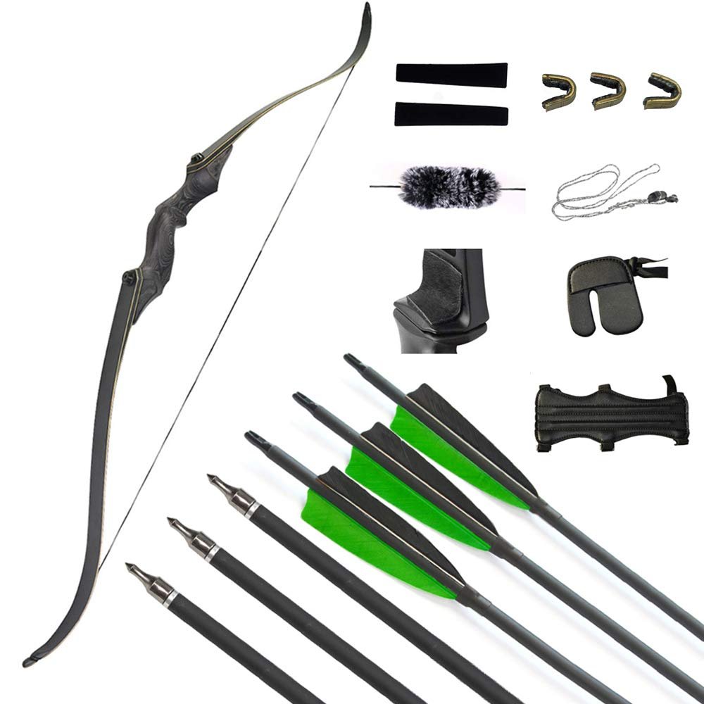 ZSHJGJR 60 Inch Takedown Recurve Bow and Carbon Arrow Set Archery Traditional Hunting Bow Longbow Right Hand 30-60lbs for Targeting Shooting Practice (Black Bow Set, 45lbs)