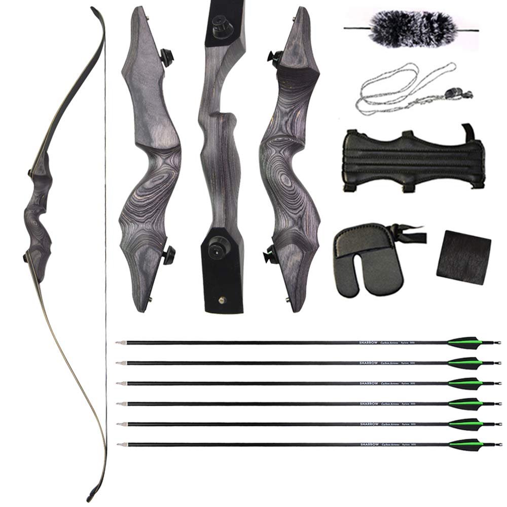 ZSHJGJR 60 Inch Takedown Recurve Bow and Carbon Arrow Set Archery Traditional Hunting Bow Longbow Right Hand 30-60lbs for Targeting Shooting Practice (Black Set, 50lbs)