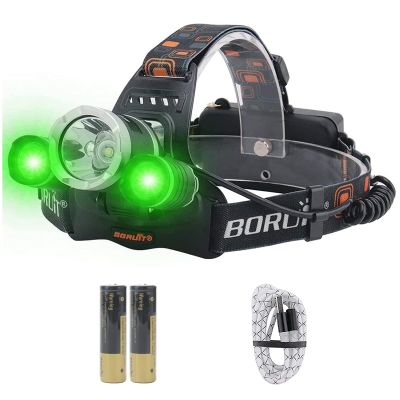 BORUIT RJ-3000 LED Rechargeable Headlamp with Green Light,Super Bright White Green Light Hunting Headlight,3 Mode Waterproof Tactical Head Lamp for Hunting Running Camping Hiking Fishing