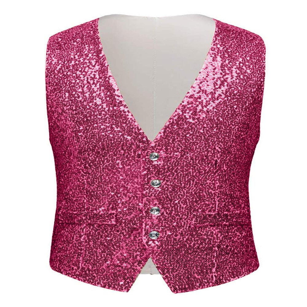 Wemaliyzd Mens Stylish Shiny Sequin Dress Party Vest Performance Tux Waistcoat FZ062-WT (Fuchsia,L)