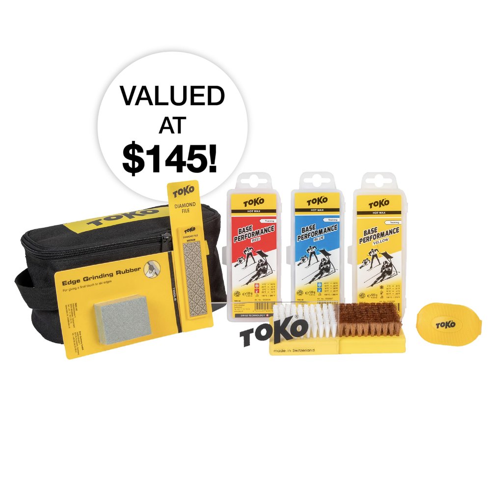 TOKO Core Tune and Wax Kit for Skis and Snowboards - Combi Brush, Diamond File, Edge Tuner, 120g Wax Pack, Transportable Bag