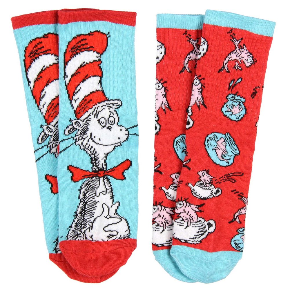 Bioworld Dr. Seuss Socks Kids Cat In The Hat and Fish Crew Socks 2 Pair