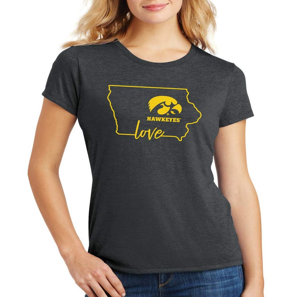 CornBorn Iowa Hawkeyes Tee Shirt - Women's Premium Tri-Blend Hawkeyes Love State Outline - Black Frost - Small