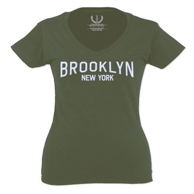0230. Vintage New York Brooklyn NYC Street wear for Women V Neck Fitted T Shirt (Olive, X Small)