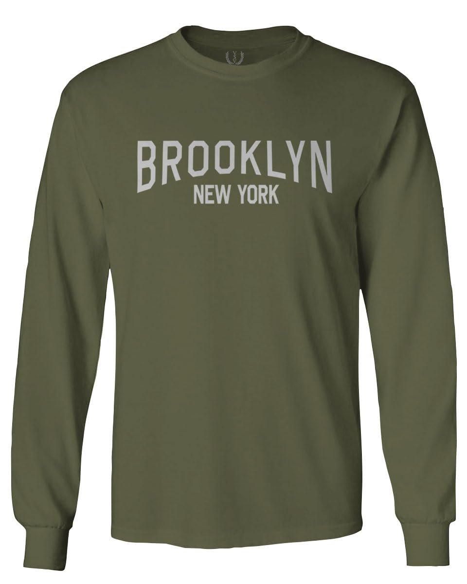 0230. Vintage New York Brooklyn NYC Street wear Men's Long Sleeve t Shirt (Olive, 2X Large)
