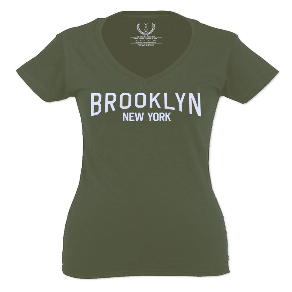 0230. Vintage New York Brooklyn NYC Street wear for Women V Neck Fitted T Shirt (Olive Medium)