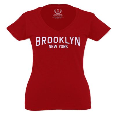 0230. Vintage New York Brooklyn NYC Street wear for Women V Neck Fitted T Shirt (Red, X Small)