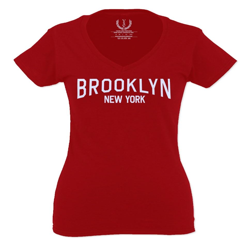 0230. Vintage New York Brooklyn NYC Street wear for Women V Neck Fitted T Shirt (Red, X Small)