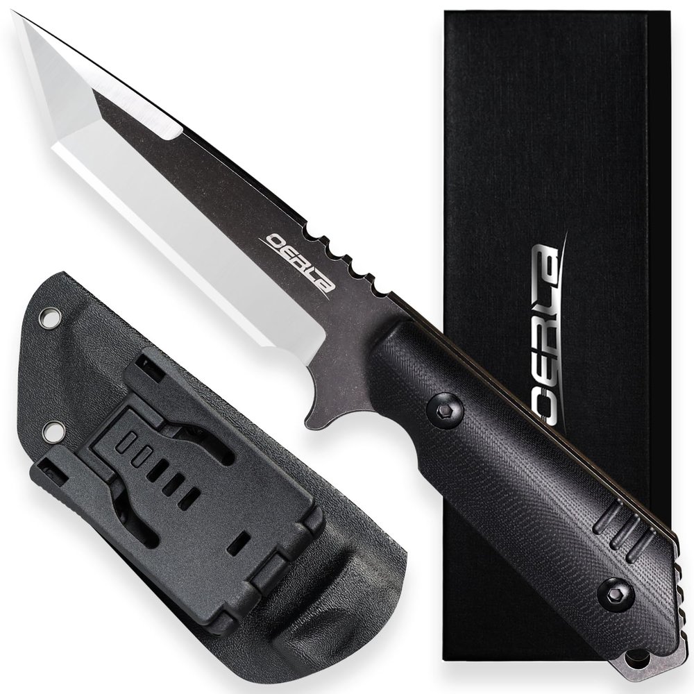 OERLA OLX-004 Tactical Survival Knife with Kydex Sheath, Outdoor Fixed Blade with Belt Clip, 420HC Steel Blade Camping Knife with G10 Handle