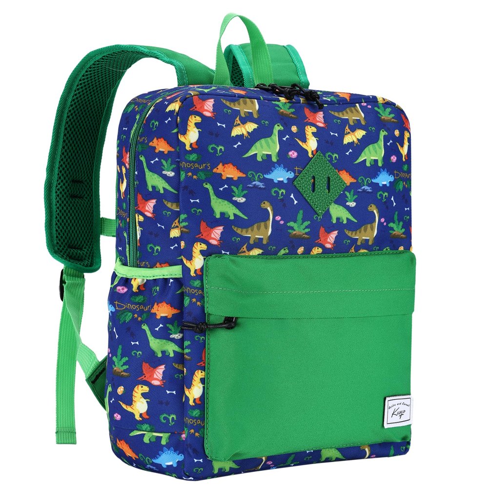 Kasgo Kids School Backpack, 14.5 Inch Lightweight Water-Resistant Primary Preschool Bag for Toddler Boys Girls Ages 5-8, Fits A4 Folder, with Chest Strap & Name Tag, Dinosaur Patchwork