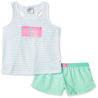 Calvin Klein Kids Girl's 2-Piece Cute Tank Top and Cozy Bottom Short Pajama Set, White Mint Stripe, 7-8