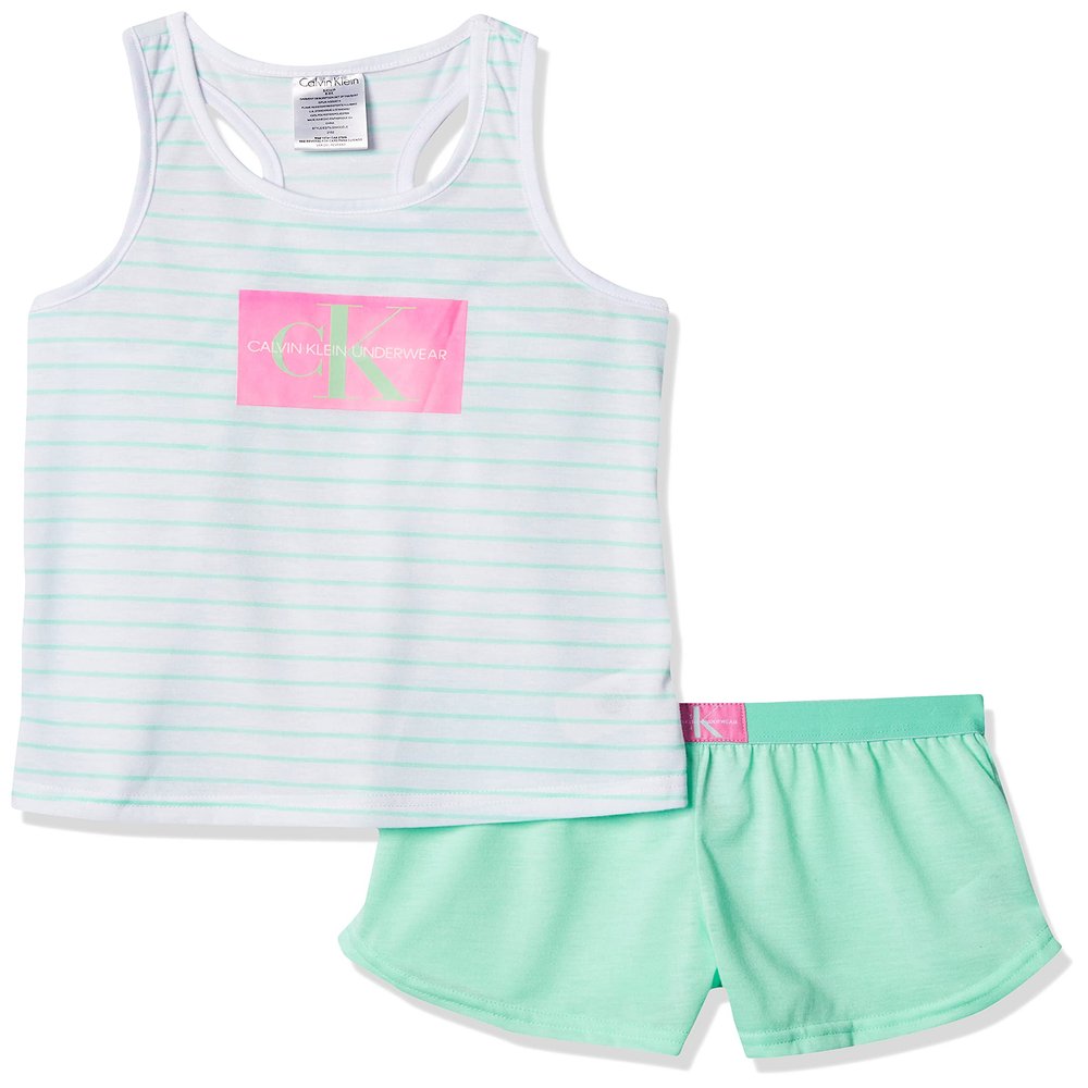 Calvin Klein Kids Girl's 2-Piece Cute Tank Top and Cozy Bottom Short Pajama Set, White Mint Stripe, 7-8