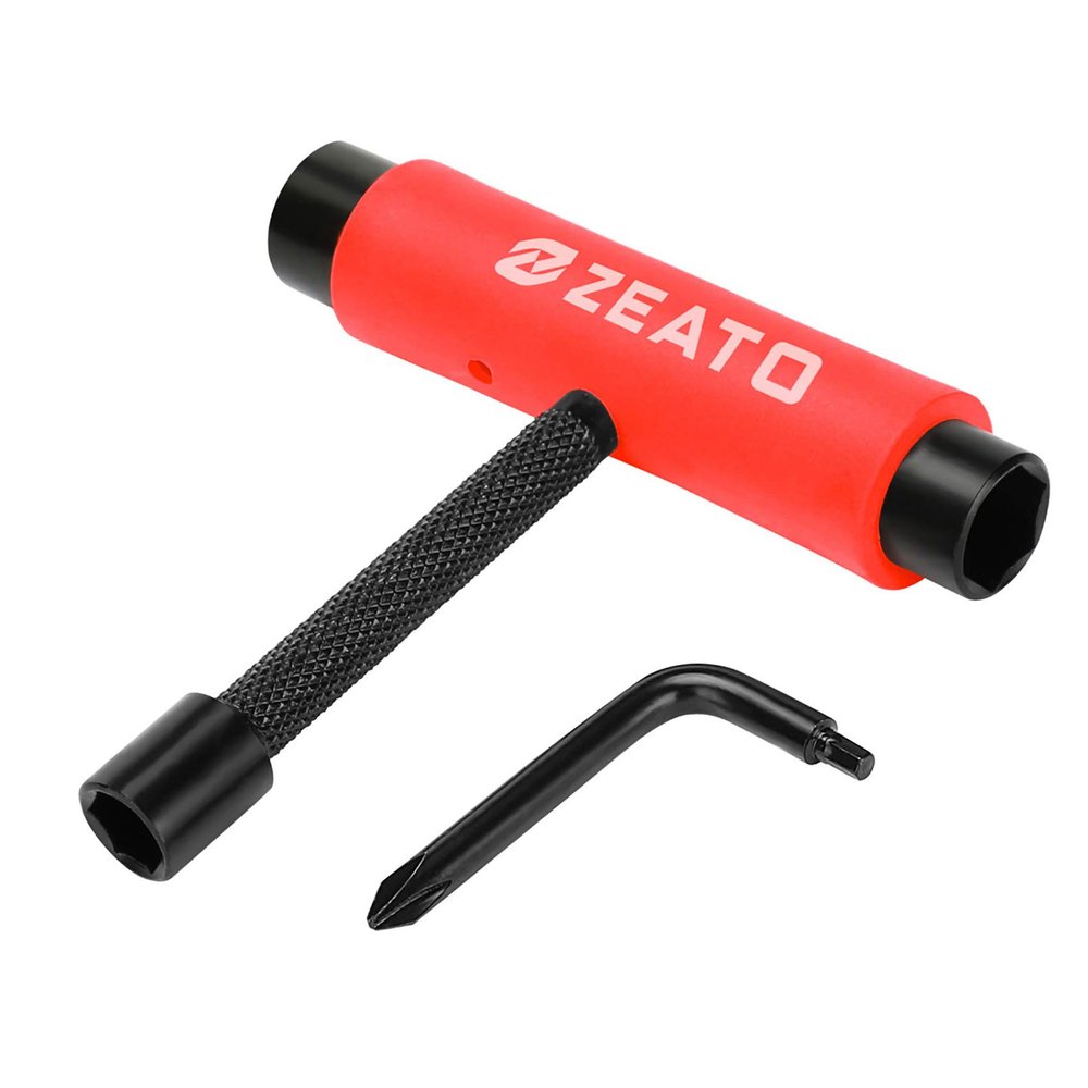 Zeato [Upgrade Version] All-In-One Skate Tools Multi-function Portable Skateboard T Tool Accessory with T-type Allen Key and L-type Phillips Head Wrench Screwdriver - Red