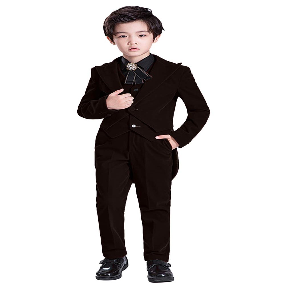 Wemaliyzd Boy's 3 Piece Velvet Formal Tuxedo Suit Long Tail Performance Party Jacket Vest Pants Set FZ065-BWT-BY(Coffee, Custom Size)