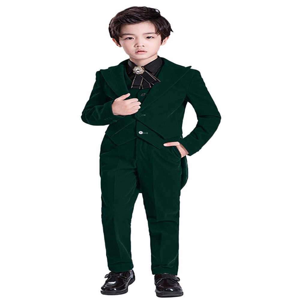 Wemaliyzd Boy's 3 Piece Velvet Formal Tuxedo Suit Long Tail Performance Party Jacket Vest Pants Set FZ065-BWT-BY(Dark Green, Custom Size)