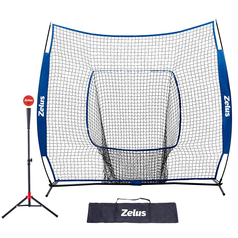 Baseball and Softball Practice Net 7'7' Portable Hitting Training With Carry Bag & Metal Frame + Batting Tee (Blue)