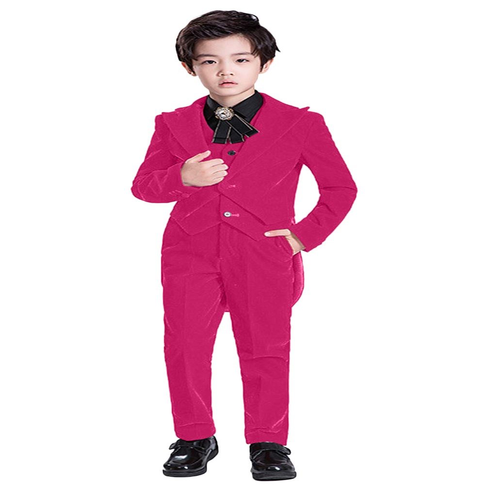 Wemaliyzd Boy's 3 Piece Velvet Formal Tuxedo Suit Long Tail Performance Party Jacket Vest Pants Set FZ065-BWT-BY(Fuchsia, Custom Size)