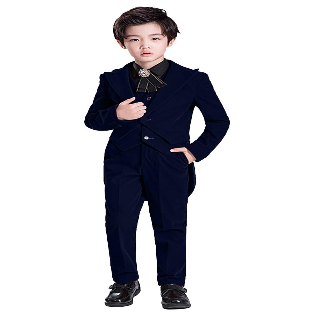 Wemaliyzd Boy's 3 Piece Velvet Formal Tuxedo Suit Long Tail Performance Party Jacket Vest Pants Set FZ065-BWT-BY(Navy Blue, Custom Size)