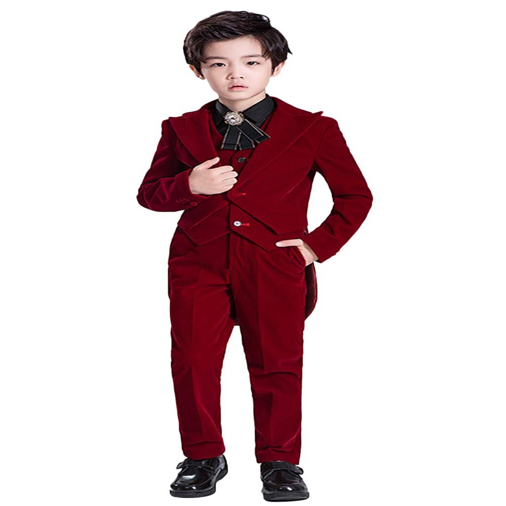 Wemaliyzd Boy's 3 Piece Velvet Formal Tuxedo Suit Long Tail Performance Party Jacket Vest Pants Set FZ065-BWT-BY(Burgundy, Custom Size)