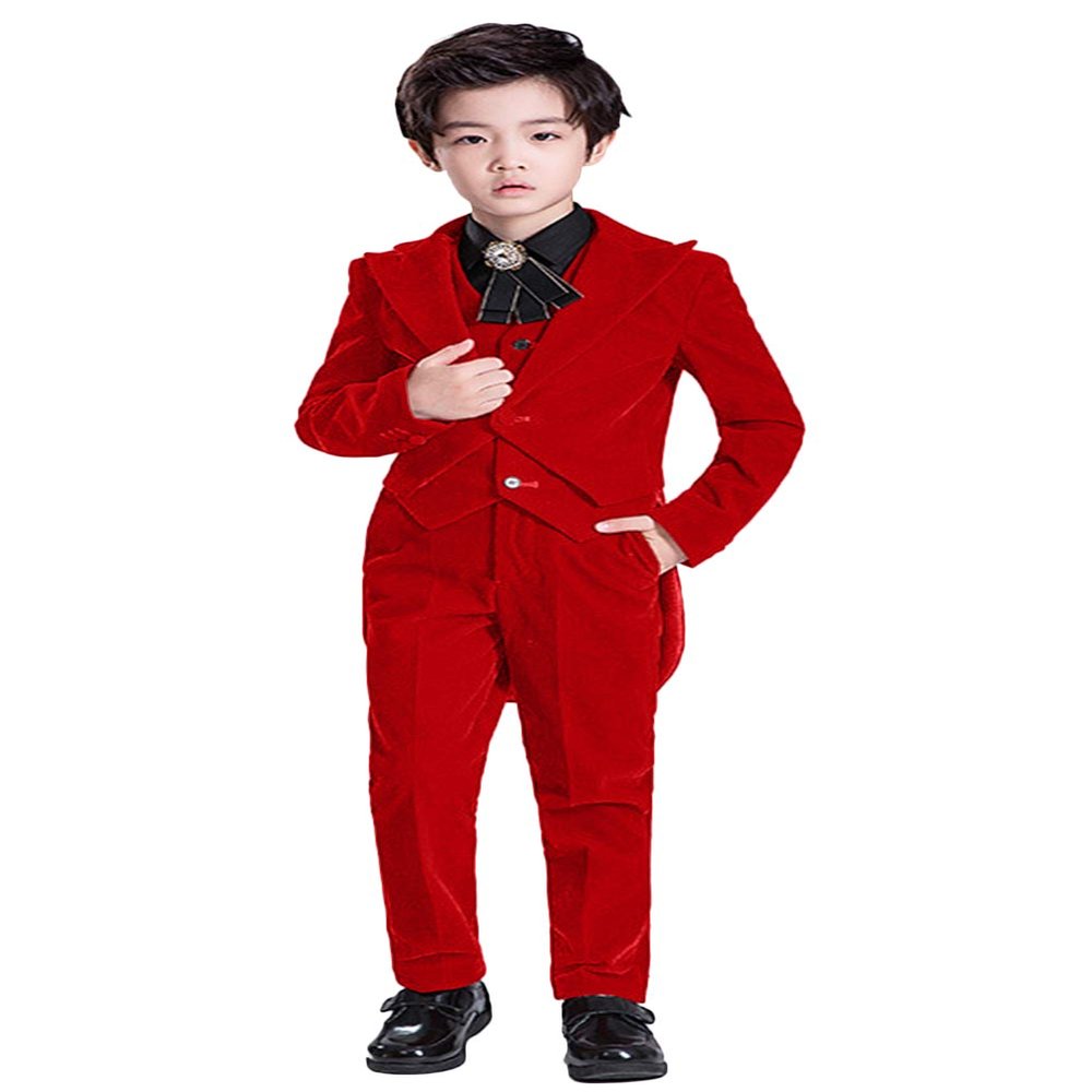 Wemaliyzd Boy's 3 Piece Velvet Formal Tuxedo Suit Long Tail Performance Party Jacket Vest Pants Set FZ065-BWT-BY(Red, Custom Size)