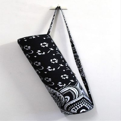 ICC Black Gold Mandala Full-Zip Exercise Yoga Mat Carry Bag Gym Beach Pilates Carrier Bags Hippie Mandala Indian Cotton Bag (Black Silver Flower Half)