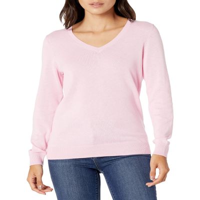 Amazon Essentials Women's Regular-Fit Lightweight Long-Sleeve V-Neck Sweater (Available in Plus Size), Pale Pink, X-Small