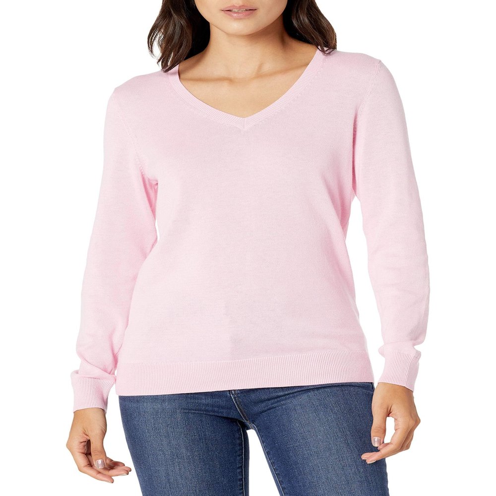 Amazon Essentials Women's Regular-Fit Lightweight Long-Sleeve V-Neck Sweater (Available in Plus Size), Pale Pink, Medium