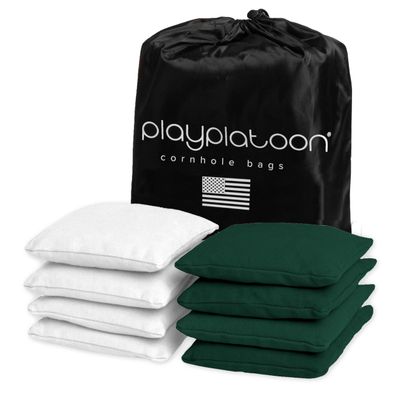 Play Platoon Weather Resistant Cornhole Bags - Set of 8 Regulation Corn Hole - Hunter Green & White - Durable Duck Cloth Corn Hole for Tossing Game, Includes Tote Bag