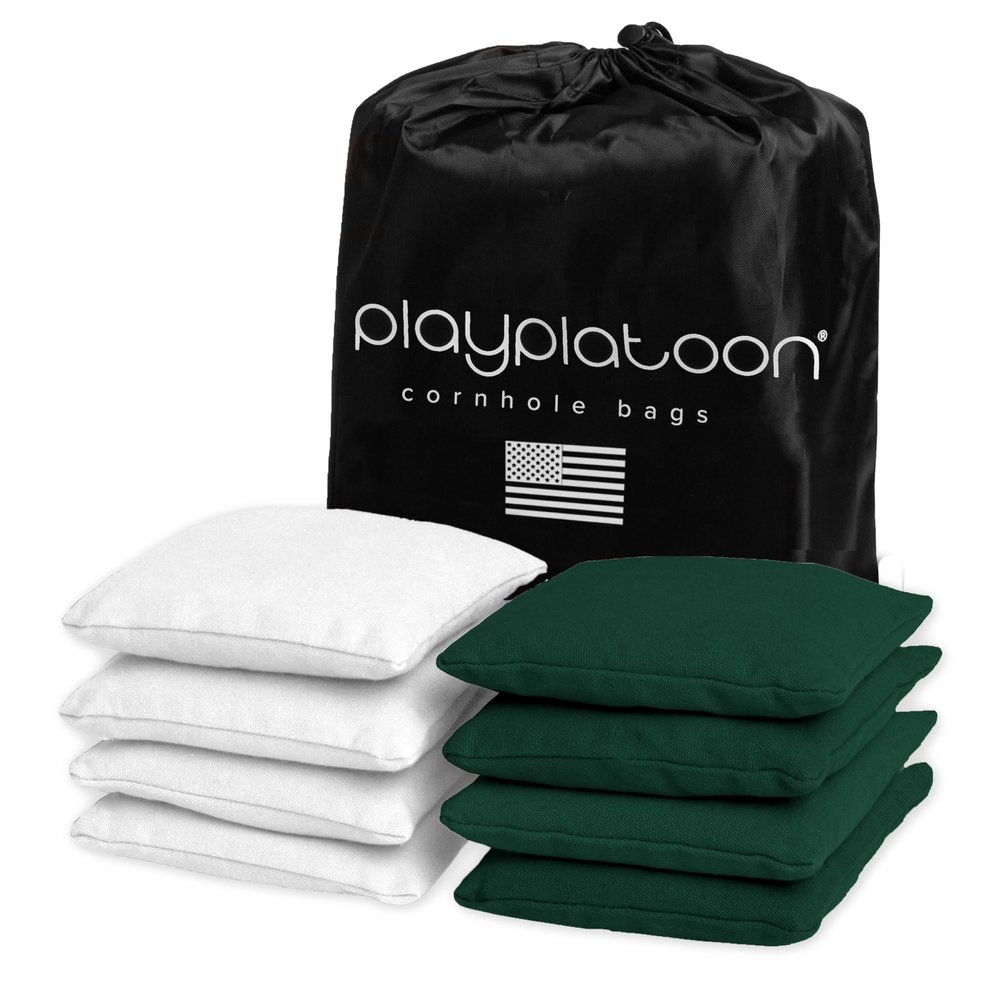 Play Platoon Weather Resistant Cornhole Bags - Set of 8 Regulation Corn Hole - Hunter Green & White - Durable Duck Cloth Corn Hole for Tossing Game, Includes Tote Bag