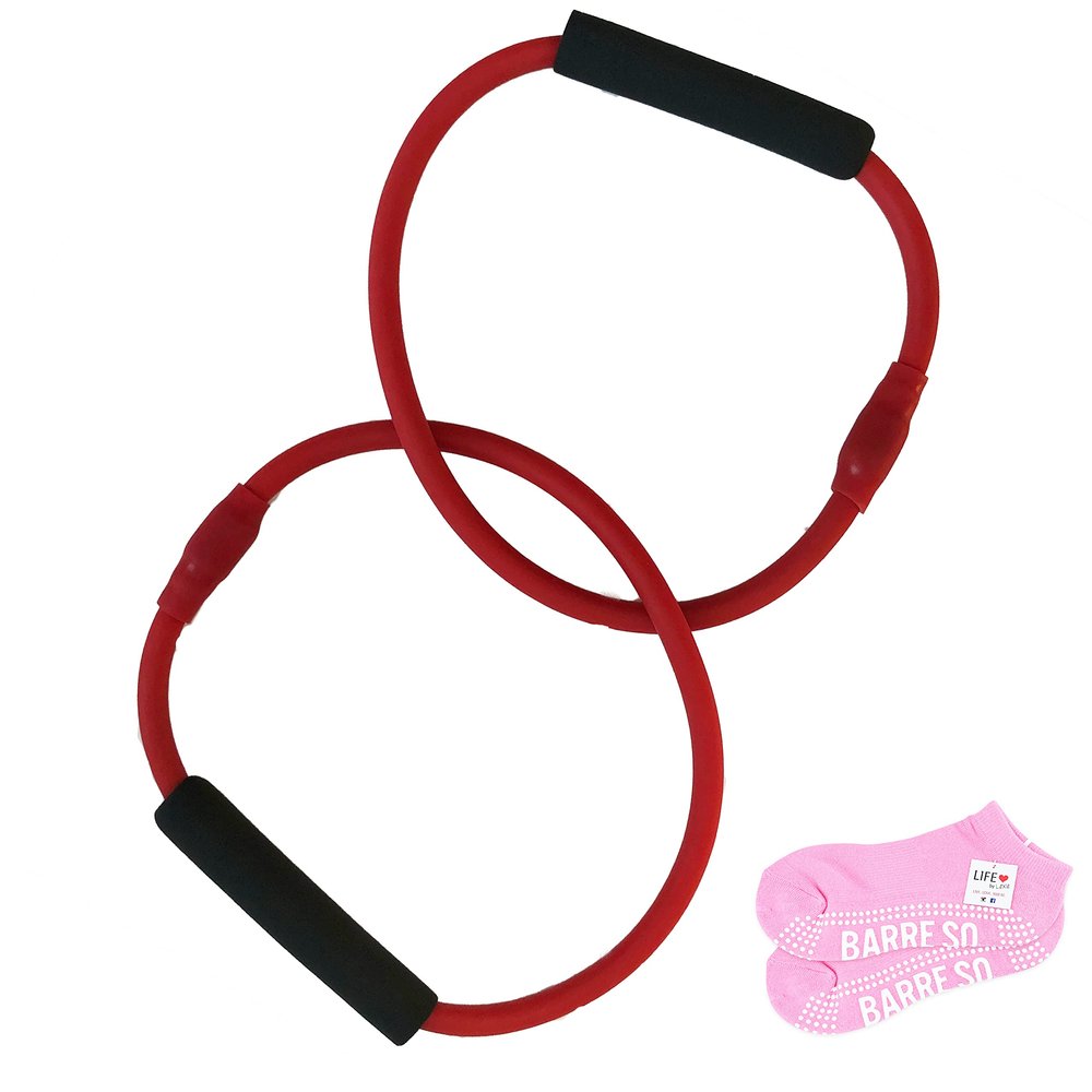 Barre Red Double Tube Exercise Tubing Equipment for Pure Barre Workout & Pair of Womens Barre Socks: Life By Lexie