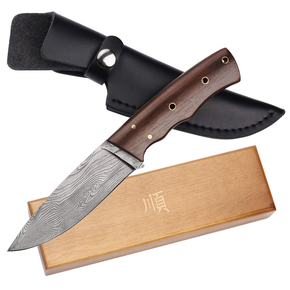 YOUSUNLONG Hunting Knife Outdoor Survival Knife Damascus Steel Natural Ebony Wood Handle with Leather Sheath