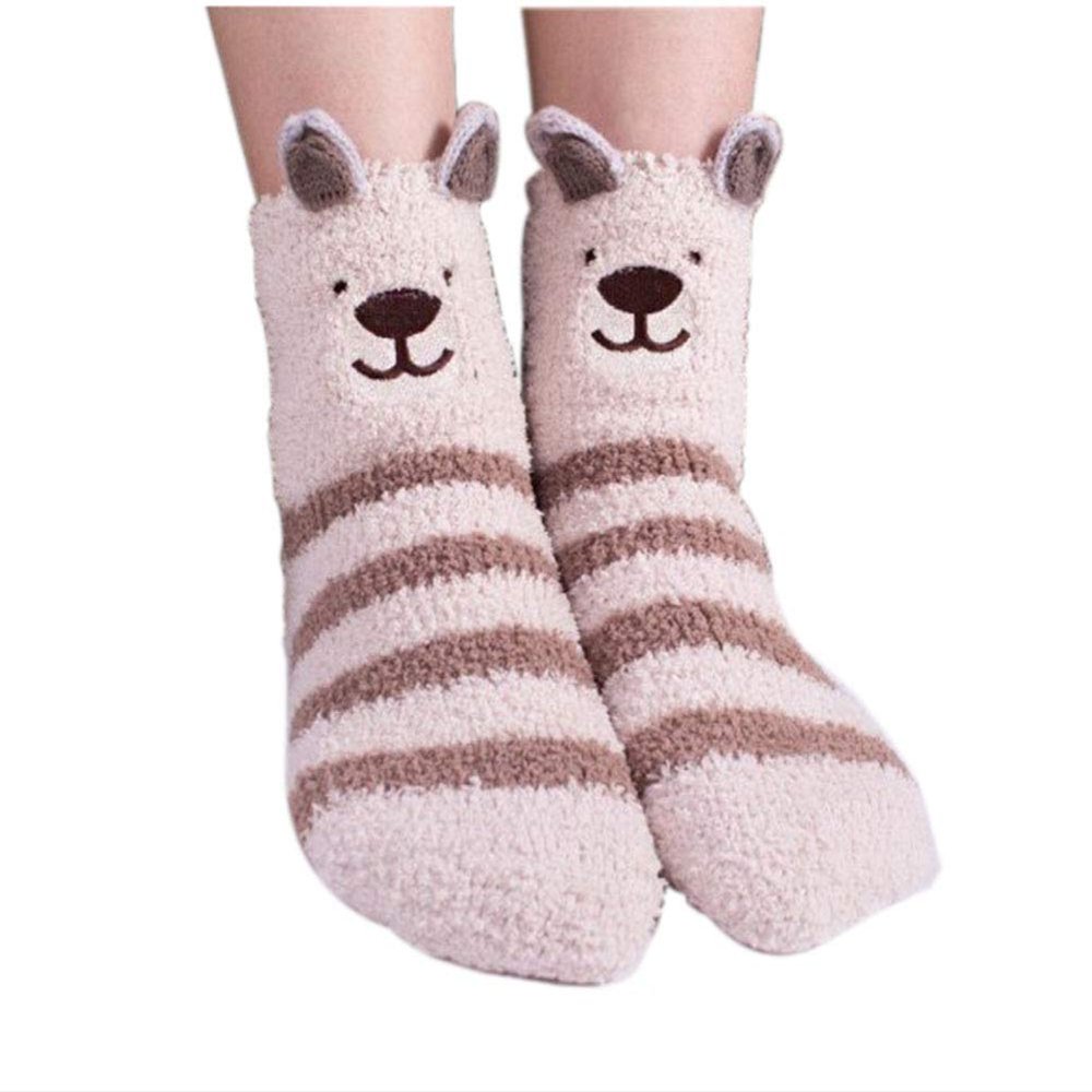 2 Pack Cute Brown Striped Bear Soft Warm Plush Cozy Slipper Socks for Womens Winter Indoor
