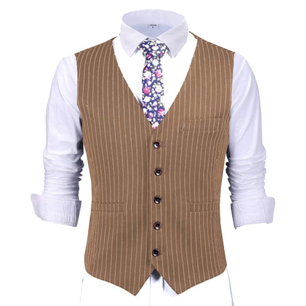 Mens Pinstripes Vest Slim Fit Classic Stripes Vest Wedding Groomsmen Waistcoat XXXL,Brown