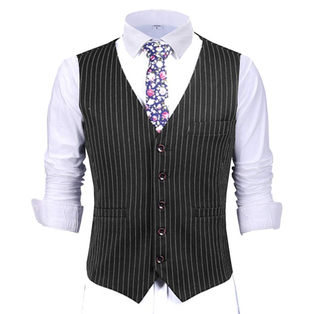 Mens Pinstripes Vest Slim Fit Classic Stripes Vest Wedding Groomsmen Waistcoat XXXL,Black