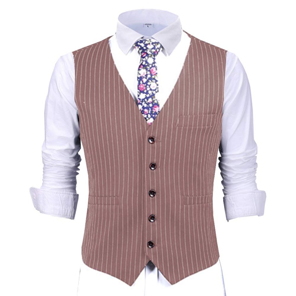 Mens Pinstripes Vest Slim Fit Classic Stripes Vest Wedding Groomsmen Waistcoat L,Cameo