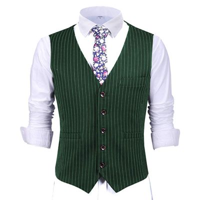 Mens Pinstripes Vest Slim Fit Classic Stripes Vest Wedding Groomsmen Waistcoat (S,Green)