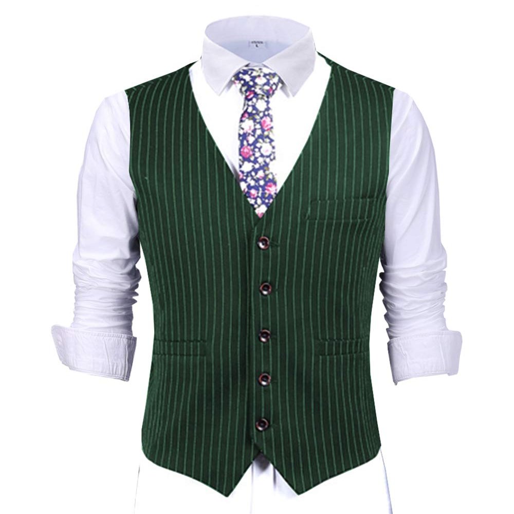 Mens Pinstripes Vest Slim Fit Classic Stripes Vest Wedding Groomsmen Waistcoat (S,Green)